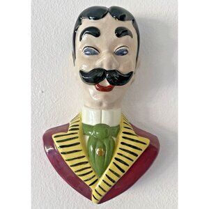 Jamar Vintage Chalkware Mustache Man Face Head Bust Wall Hanging 1950s  9.5" 3D